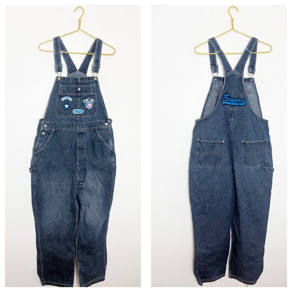 Disney EEYORE Winnie The Pooh Womens Dark Wash Denim Overalls Patched Rare Large